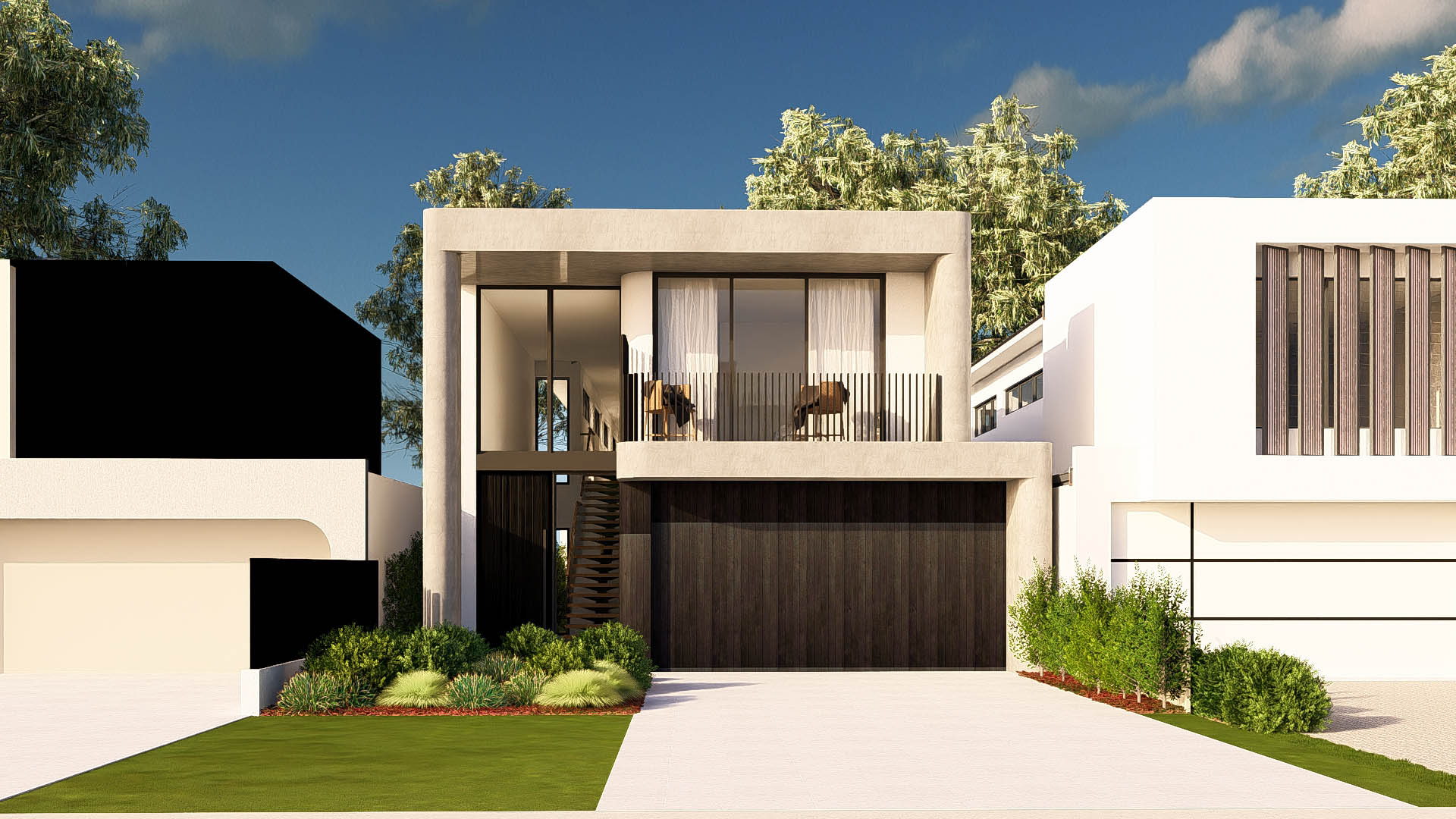 3D render of a two storey home with timber garage door in Como
