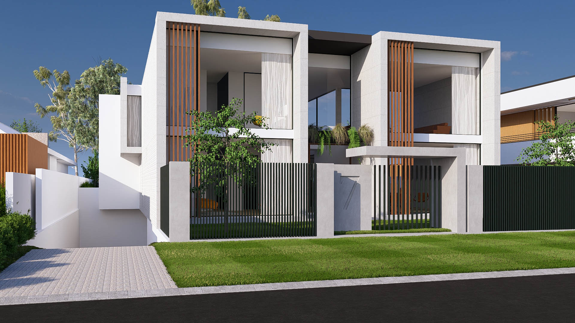 3D render of a two storey home with timber screens and basement driveway in Peppermint Grove