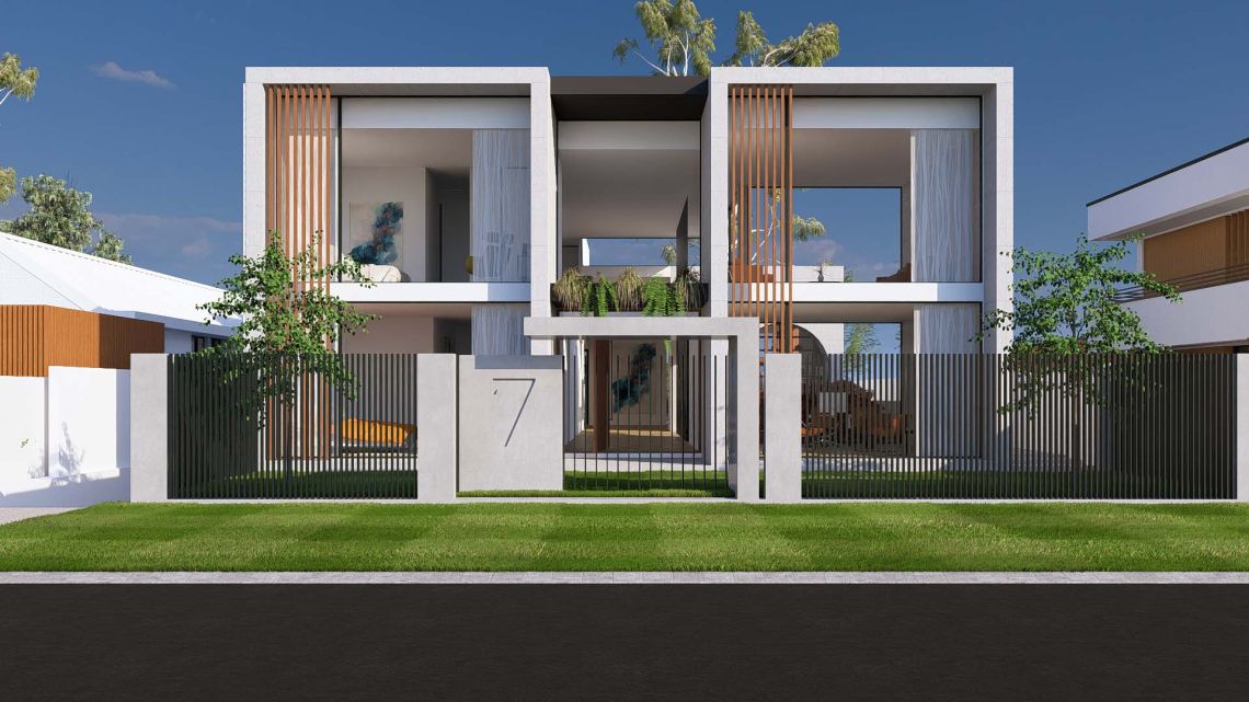 3D render of a modern home with timber screening and front lawn in Peppermint Grove