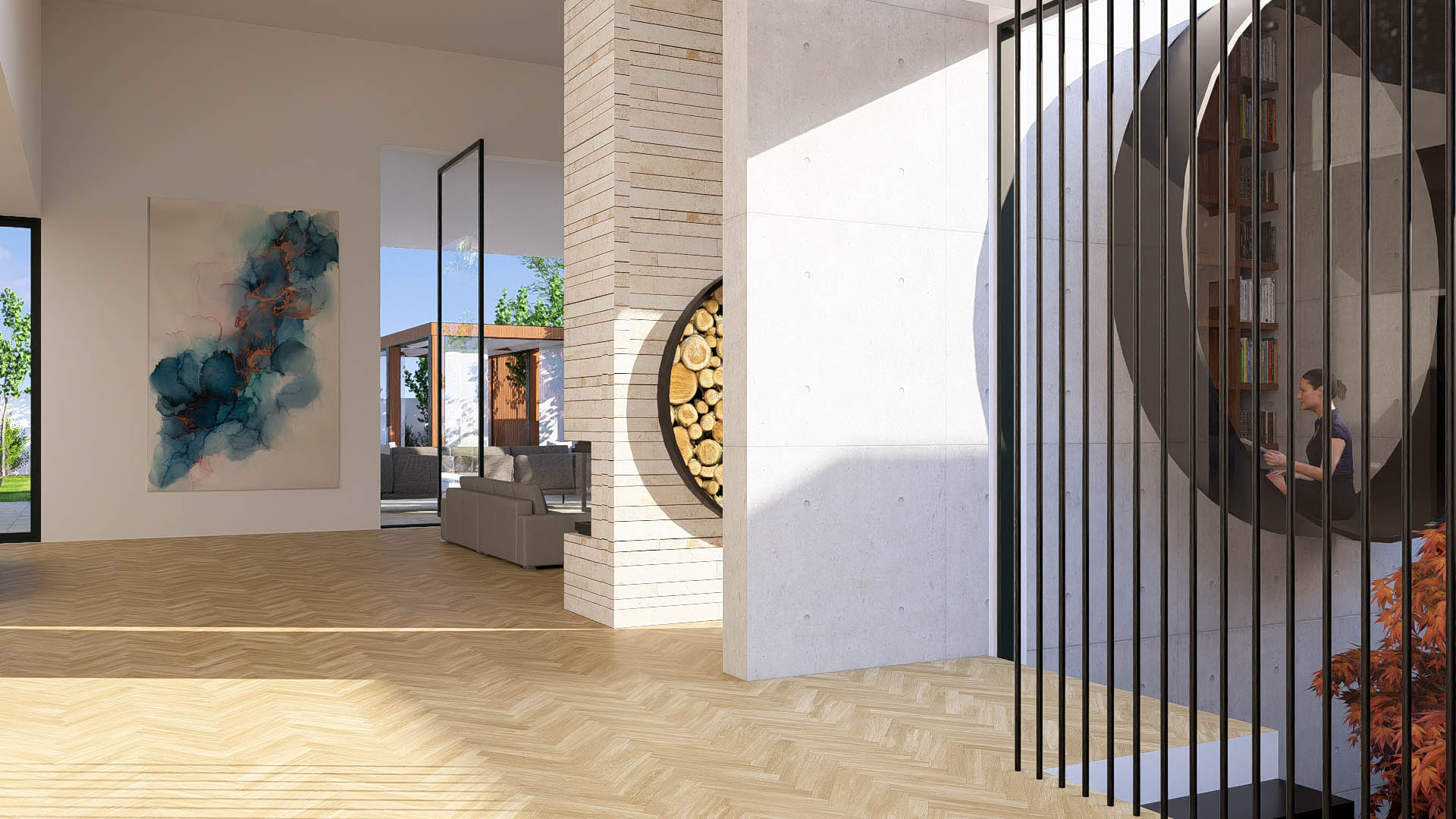 3D render of an interior with log storage wall and circular reading nook in Peppermint Grove